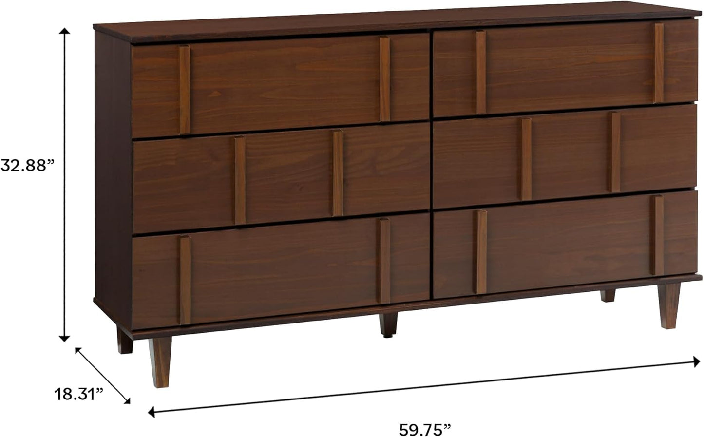 Contemporary Detailed 6-Drawer Solid Wood Dresser, 60 Inch, Walnut
