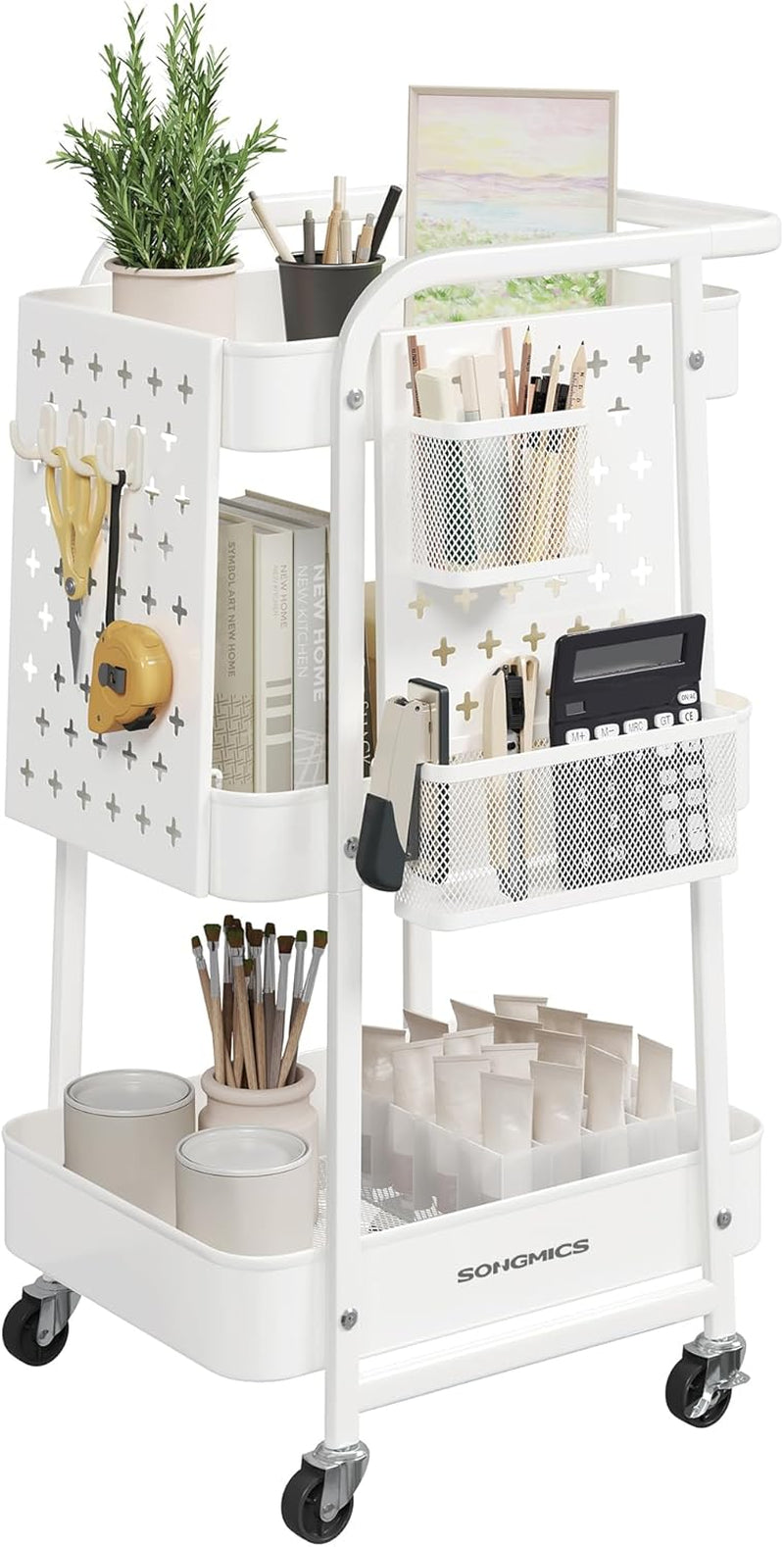 3-Tier Storage Cart, Rolling Utility Cart, Metal Mesh Shelves, 2 Removable Pegboards, 2 Hanging Holders, 4 Hooks, Craft Cart for Living Room, Kitchen, Office, Bathroom, Ink Black ULRC037B01