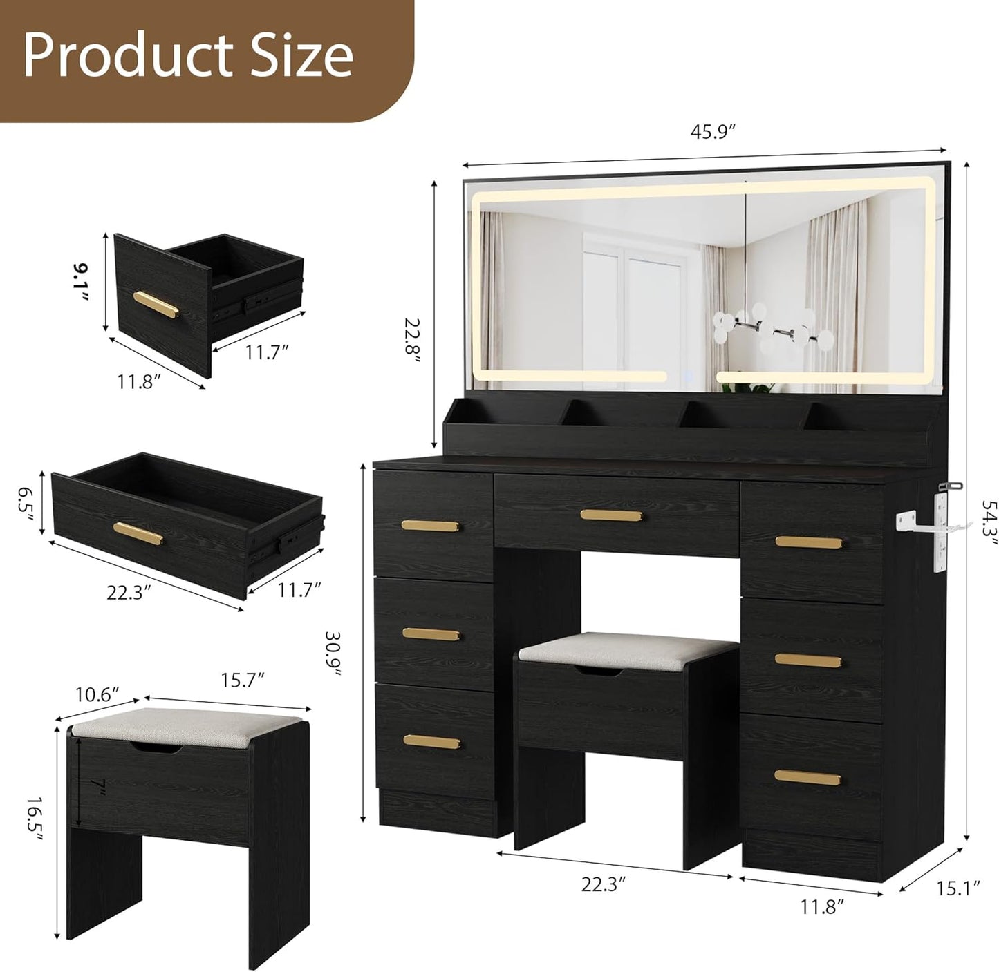 Vanity Desk with Large Mirror and Lights, 45.9In Makeup Vanity Desk, 3 Lighting Modes Adjustable Brightness, Vanity Table with Power Outlet &8 Drawers, for Powder Room and Bedroom