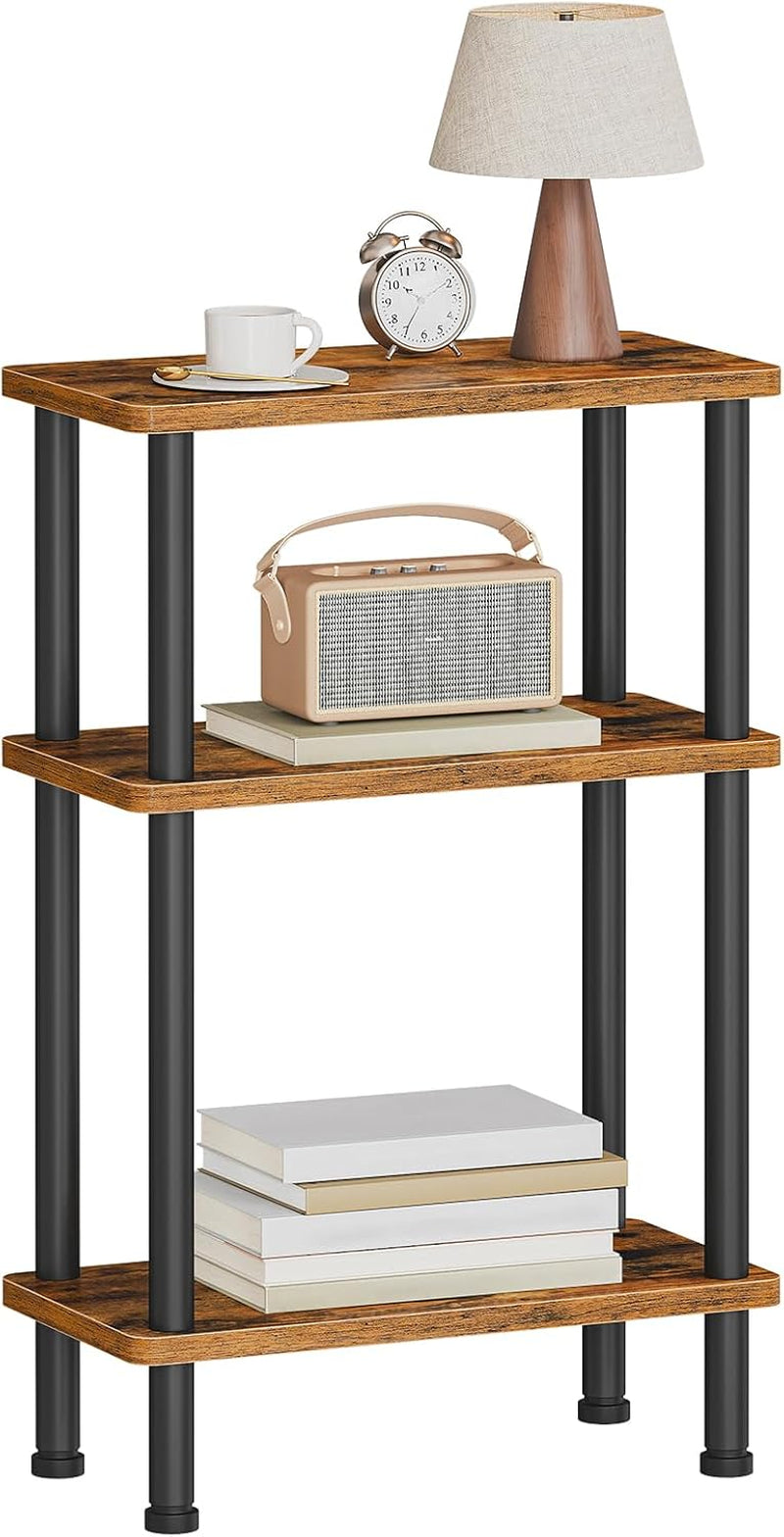 Narrow Side Table, 3-Tier Slim End Table No Tools Needed, Twist-On Assembly, Skinny Nightstand Sofa Storage Shelf for Living Room, Bedroom, Study, Rustic Brown and Black BF246BZP201