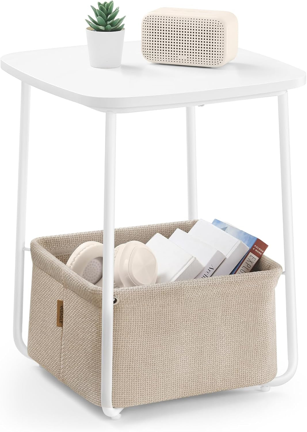 End Table, Side Table with Fabric Basket, Modern Nightstand, Square Bedside Table, for Living Room, Bedroom, Matte White and Camel Brown ULET229W10