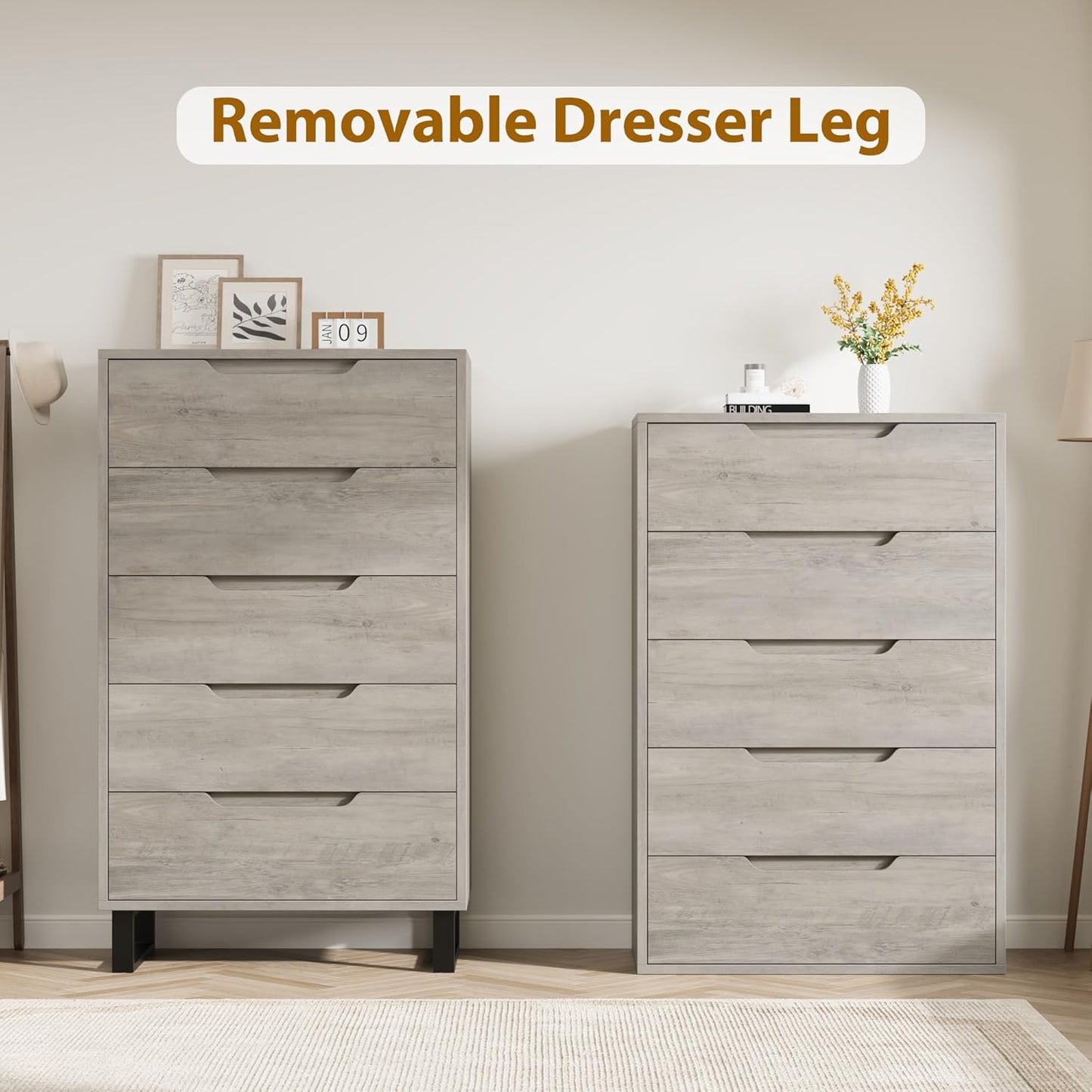 5 Dresser for Bedroom, 50.5" Tall Dresser, Freestanding Vertical Drawer with Storage, Wooden Closet Chest Storage for Living Room, Hallway, Entryway, Ash Grey