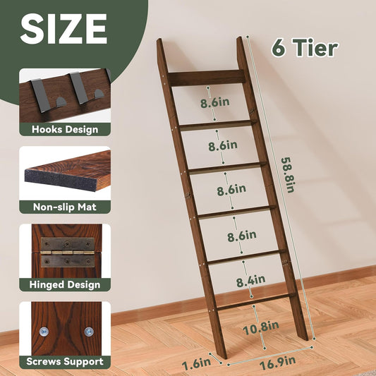 6-Tier Blanket Ladder for Living Room, 5.6FT Pine Wood Quilt Rack with 4 Anti-Slip Straps and 4 Removable Hooks, Lightweight, Easy Assembly, Hinged Design, Farmhouse Decorative Shelf