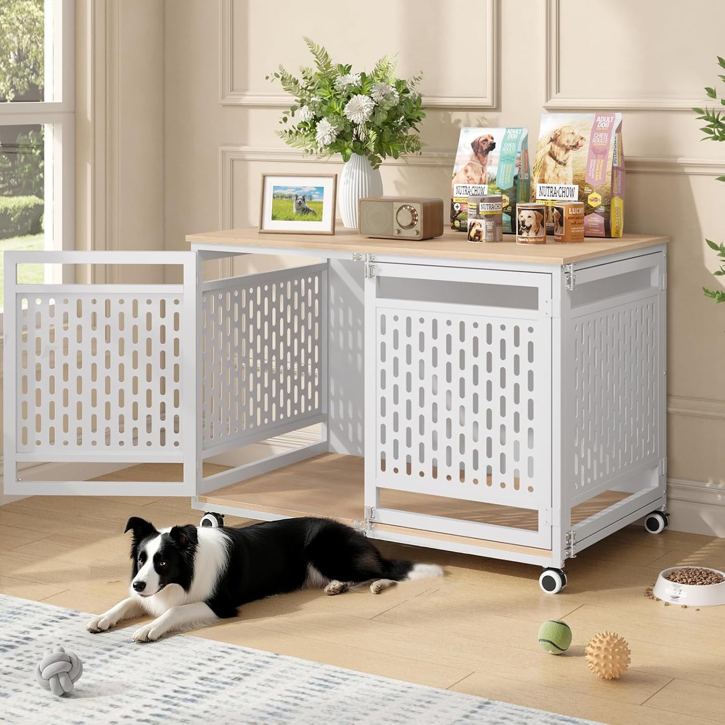 40.1" Dog Crate Furniture for Medium and Large Breed, Decorative Dog Kennel Indoor with Lockable Wheels, Heavy Duty Wooden End Side Table Pet Cage, Chew-Resistant, White