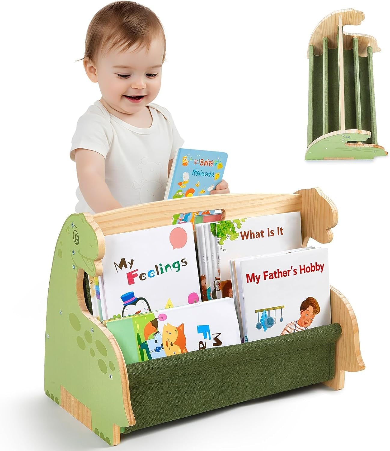 Toddler Bookshelf Double-Sided with 4 Tier Deep Sleeves Kids Wooden Montessori Book Rack for Baby Nursery Room, Playroom, Classroom or Bedroom Bookcase Storage Organizer, Green Dinosaur