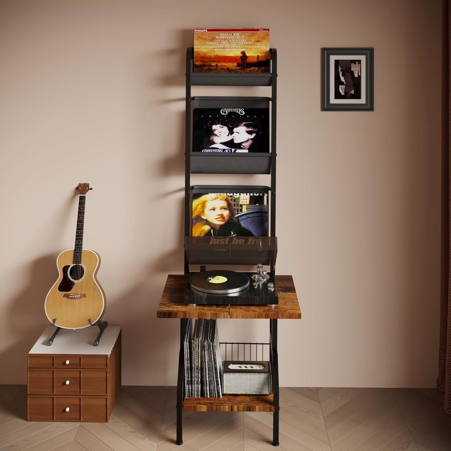 Record Player Stand with Vinyl Storage, Record Player Table Holds up to 200 Albums, 5-Tier Turntable Stand for Living Room, Rustic Brown