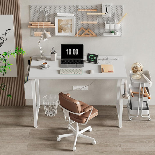 White Computer Desk with Power Outlet, 40 Inch Simple Teen Study Table Home Office Work Writing Desks with Charging Station Outlets USB Port Built In, Storage Pocket,White
