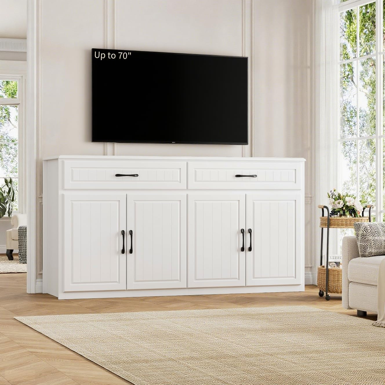 63" Large Sideboard Buffet Cabinet with Storage, Modern Coffee Bar Cabinets with Drawers, Long Kitchen Sideboard Buffets Table for Living Room, Wide Wood Kitchen Buffet Storage Cabinet, White