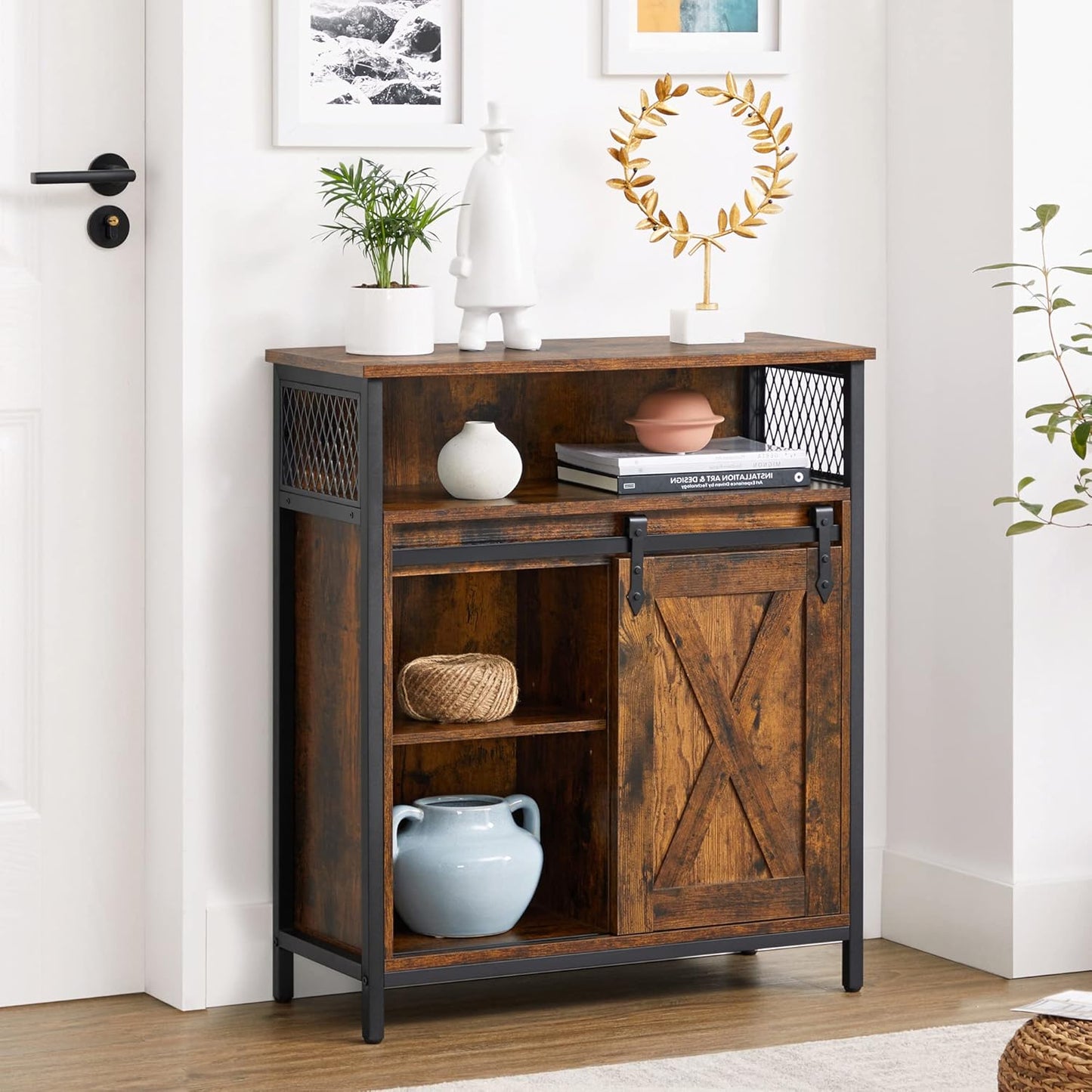 Buffet Cabinet, Coffee Bar Storage Cabinet, Sideboard with 1 Sliding Barn Door, Adjustable Shelves, 11.8 X 27.6 X 31.5 Inches, for Living Room, Camel Brown and Ink Black ULSC089B50