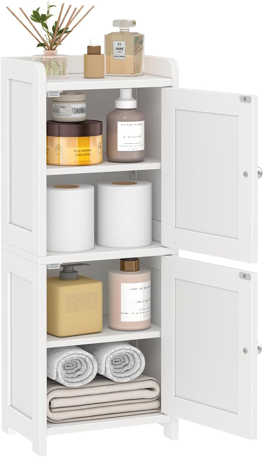 Small Bathroom Storage Cabinet, 30" Tall Freestanding Corner Floor Cabinet with opposite Doors & 5 Shelves (2 Adjustable), Narrow Toilet Paper Holder Organizer for Small Spaces, White