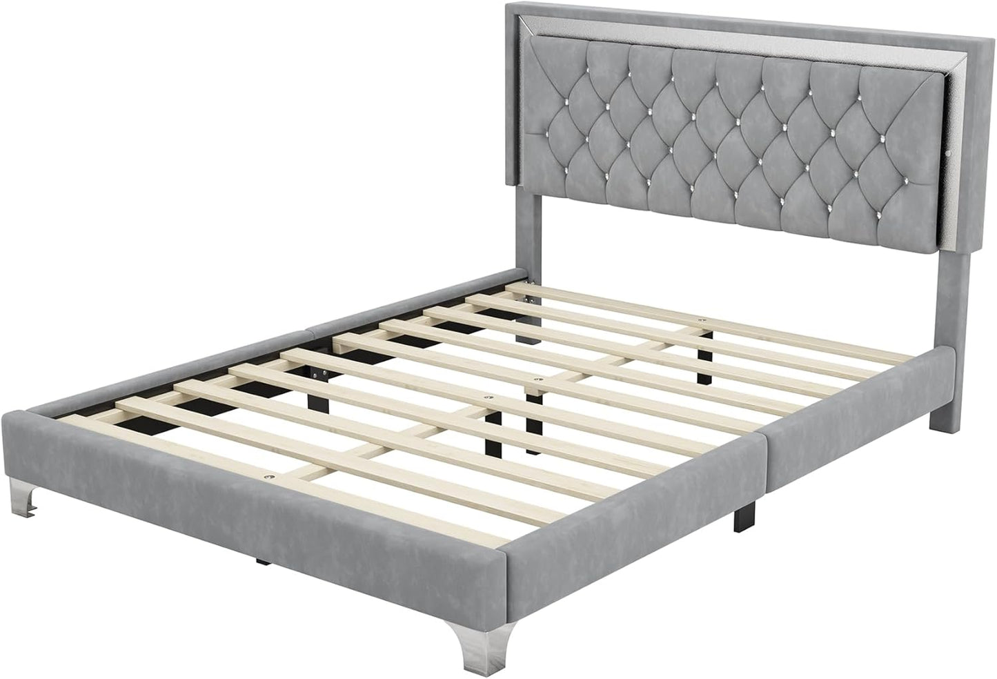 3-Piece Queen Bedroom Set, Upholstered Platform Bed with LED Lights and 2 Nightstands, Modern Gray