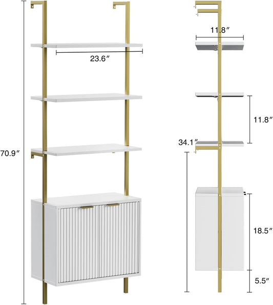 3 Tier White & Gold Ladder Shelf with Storage Cabinet, Modern Ladder Bookshelf with Doors, Wall Mount Bookcase with Metal Frame, Display Shelves for Living Room, Bedroom, Bathroom, Home Office