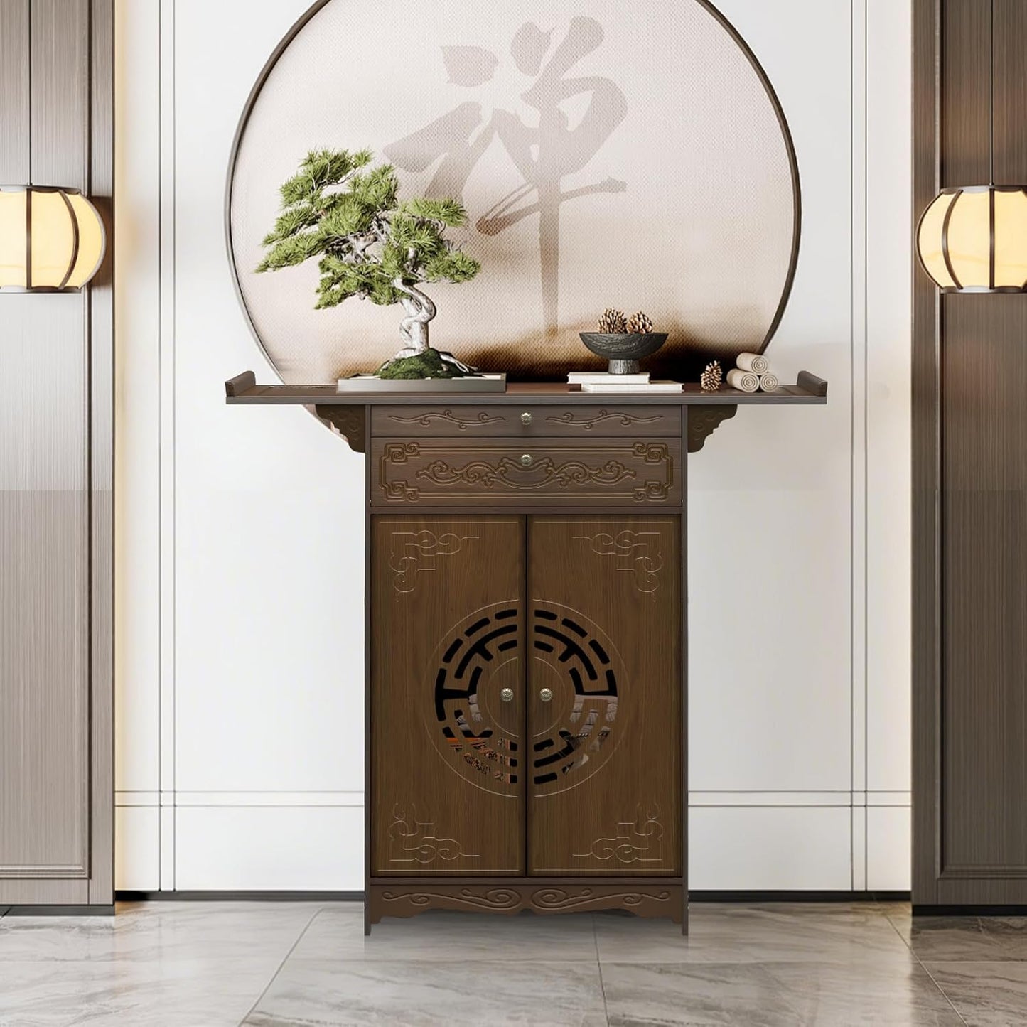 Altar Table for Spiritual, Buddhist Altar Table with Storage, Intricate Chinese Meditation Cabinet Pedestal Offering Desk, Personal Prayer Shrine Desk for Incense and Pray