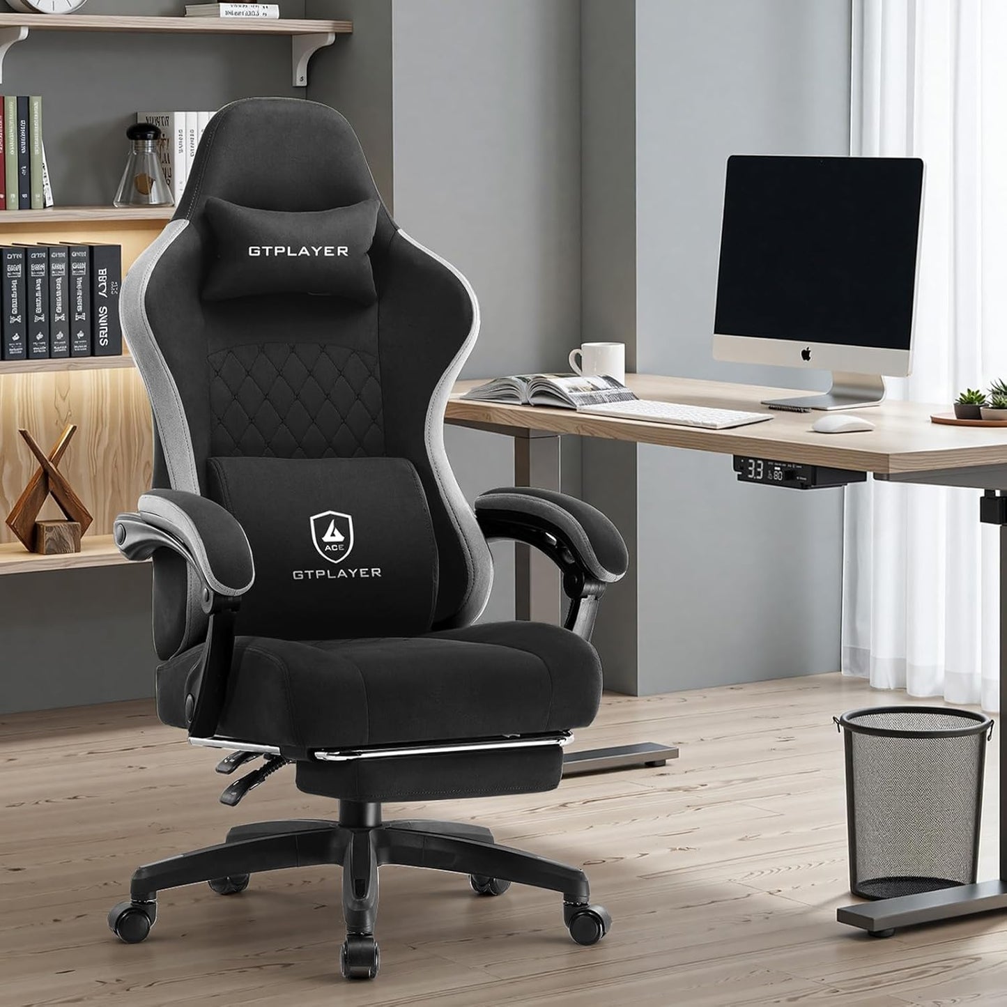 Office Chair, Gaming Computer Desk Fabric Chair with Footrest, High Back Ergonomic Office Chair with Pocket Spring Lumbar Support and Linkage Armrests Adjustable Height Swivel for Home Task