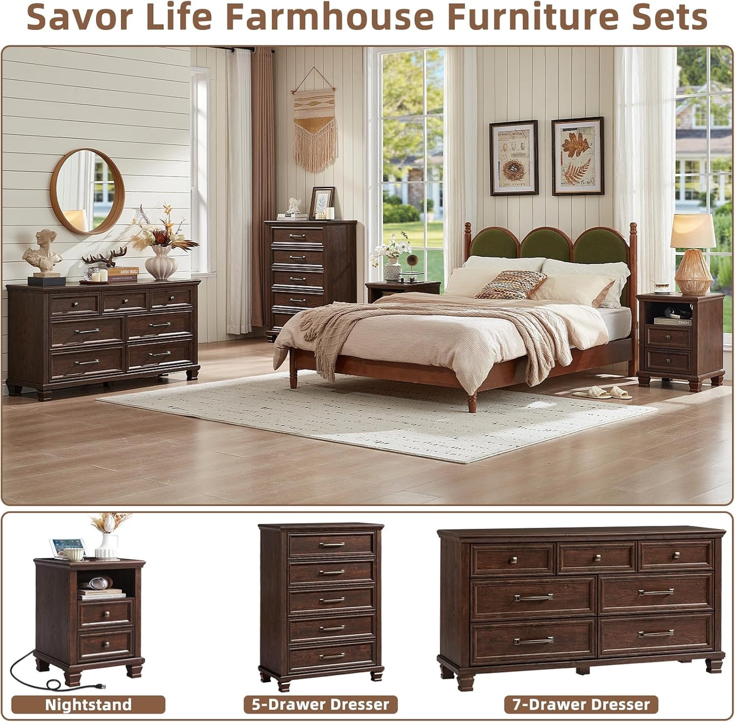 Farmhouse Dresser and Nightstand Sets 4 Piece, 5/7 Drawer Dresser & 2 Drawer Nightstand Set, Rustic Wood Bedroom Furniture Set for Home, Bedroom, Hallway, Walnut