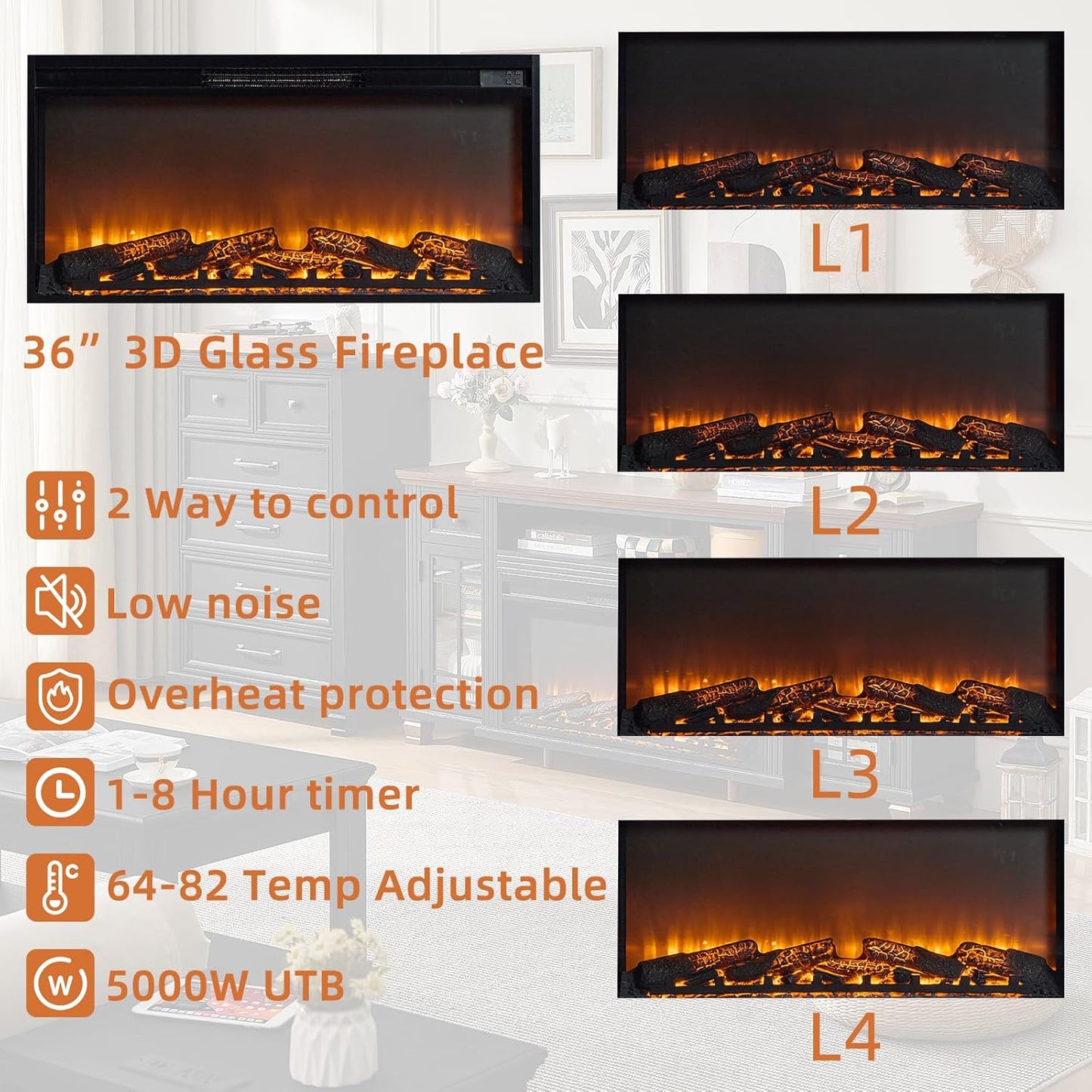 70" Fireplace TV Stand with 36”Silent Electric Fireplace, Farmhouse Entertainment Center for Tvs up to 80", 2 Drawers TV Console with Glass Door Cabinet, Black Tvs Cabinet for Living Room