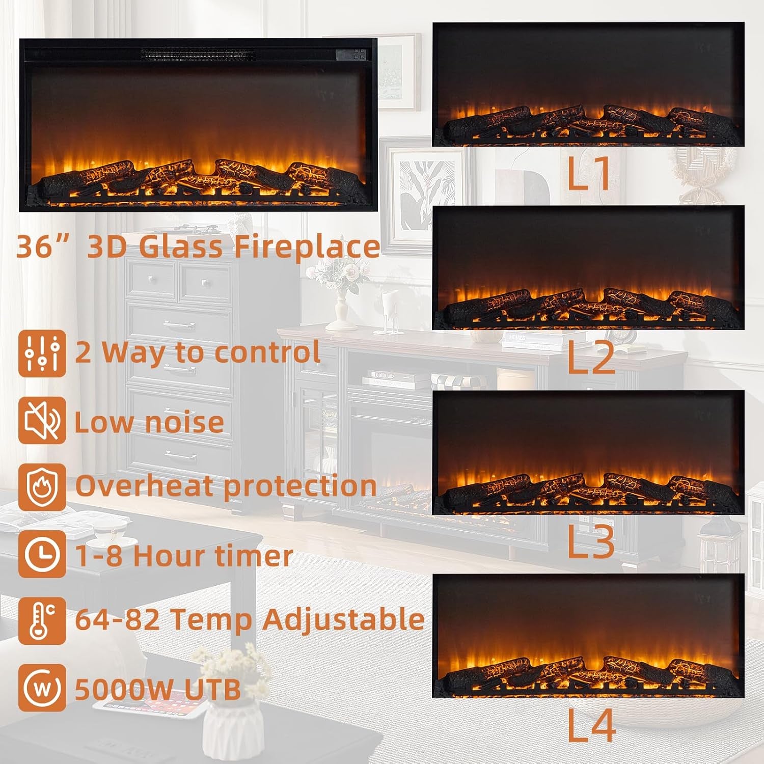 70" Fireplace TV Stand with 36”Silent Electric Fireplace, Farmhouse Entertainment Center for Tvs up to 80", 2 Drawers TV Console with Glass Door Cabinet, Black Tvs Cabinet for Living Room