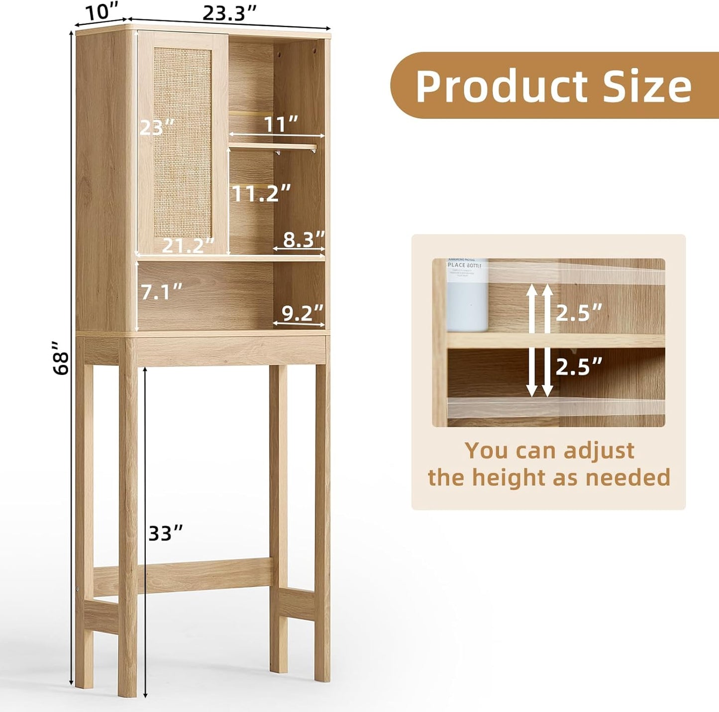 over the Toilet Storage Cabinet with Rattan Sliding Door, 68" Tall Wood above Toilet Bathroom Organizer W/Adjustable Shelf & Curved Profile, Space Saver Freestanding Washer Shelf
