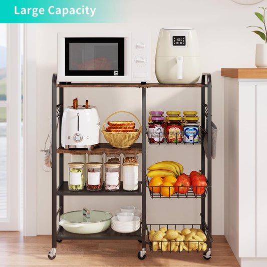 Rolling Kitchen Microwave Cart - 4 Tier Microwave Table Stand with Pull-Out Baskets, Coffee Bar Baker'S Rack with Wheels Rolling Storage Cart Organizer Shelf for Living Room Office, Balcony