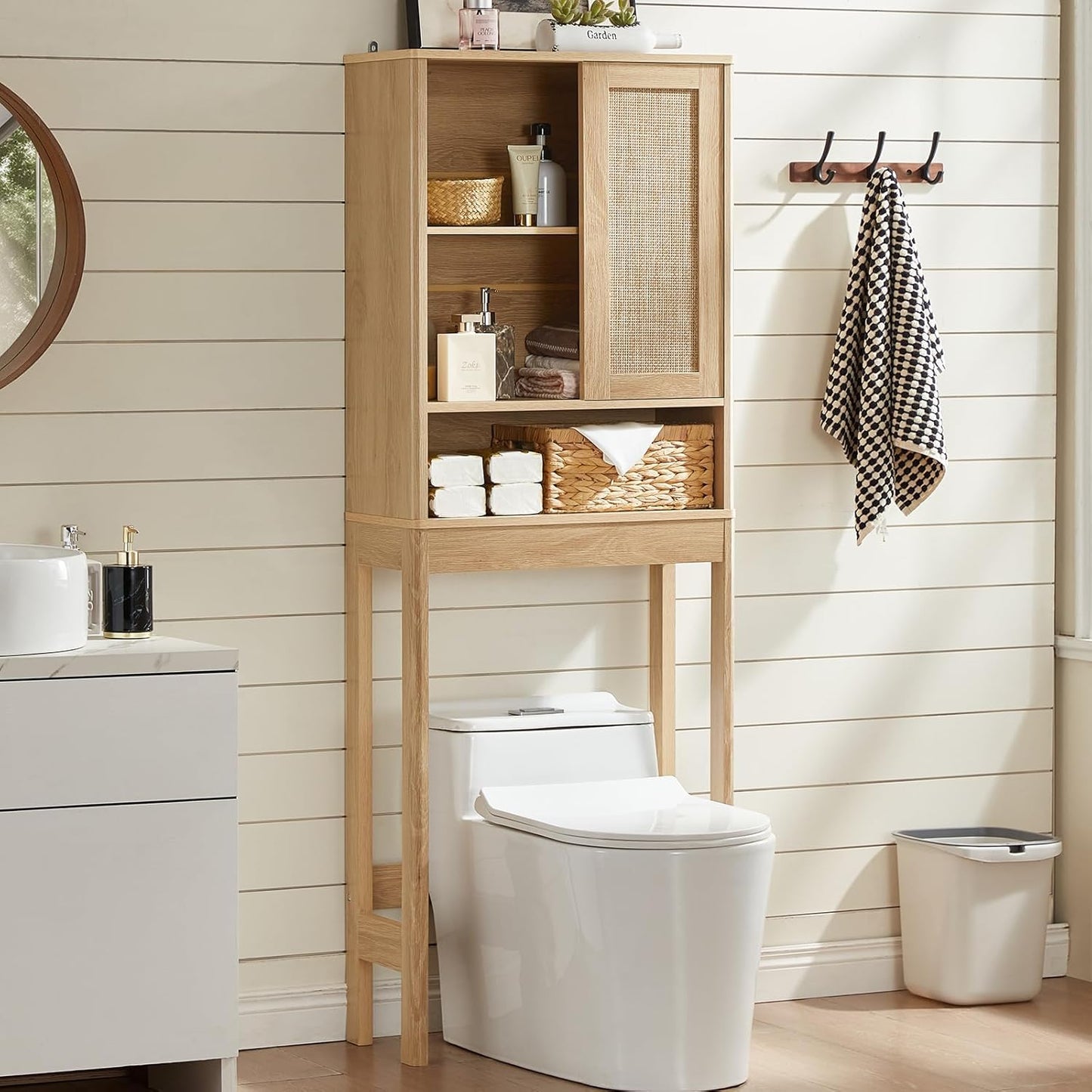 over the Toilet Storage Cabinet with Rattan Sliding Door, 68" Tall Wood above Toilet Bathroom Organizer W/Adjustable Shelf & Curved Profile, Space Saver Freestanding Washer Shelf