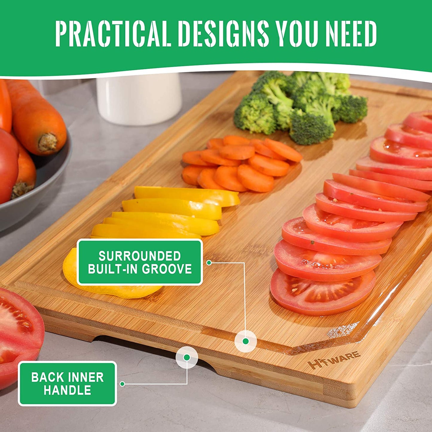 Extra Large Bamboo Cutting Board for Kitchen, Heavy Duty Wood Cutting Board with Juice Groove, 100% Organic Bamboo, Pre Oiled, 18" X 12" X 0.6"