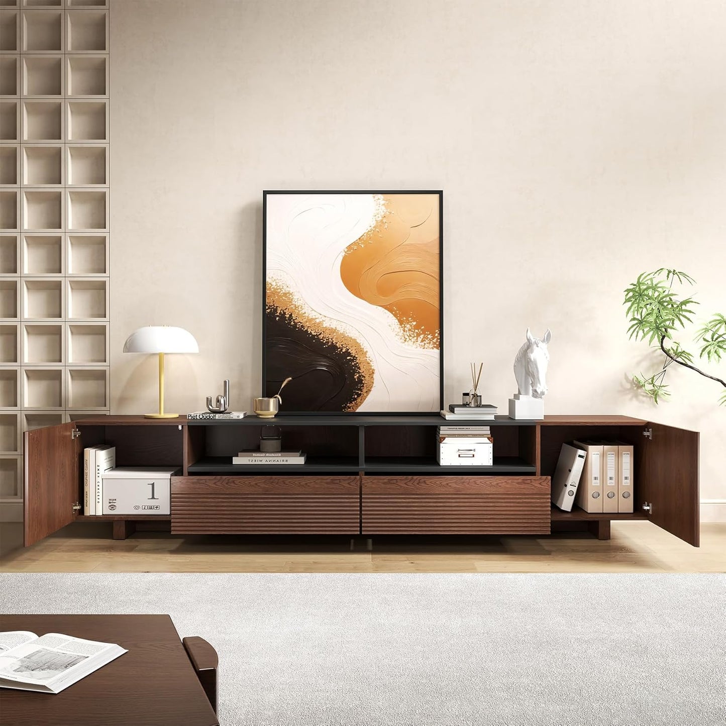 78.8 Inch TV Stand with Storage Cabinets for Living Room, Tvs Media Console Entertainment Center with Drawers, Wood Fluted Television Stands with Open Shelves for Bedroom, Dark Brown Walnut