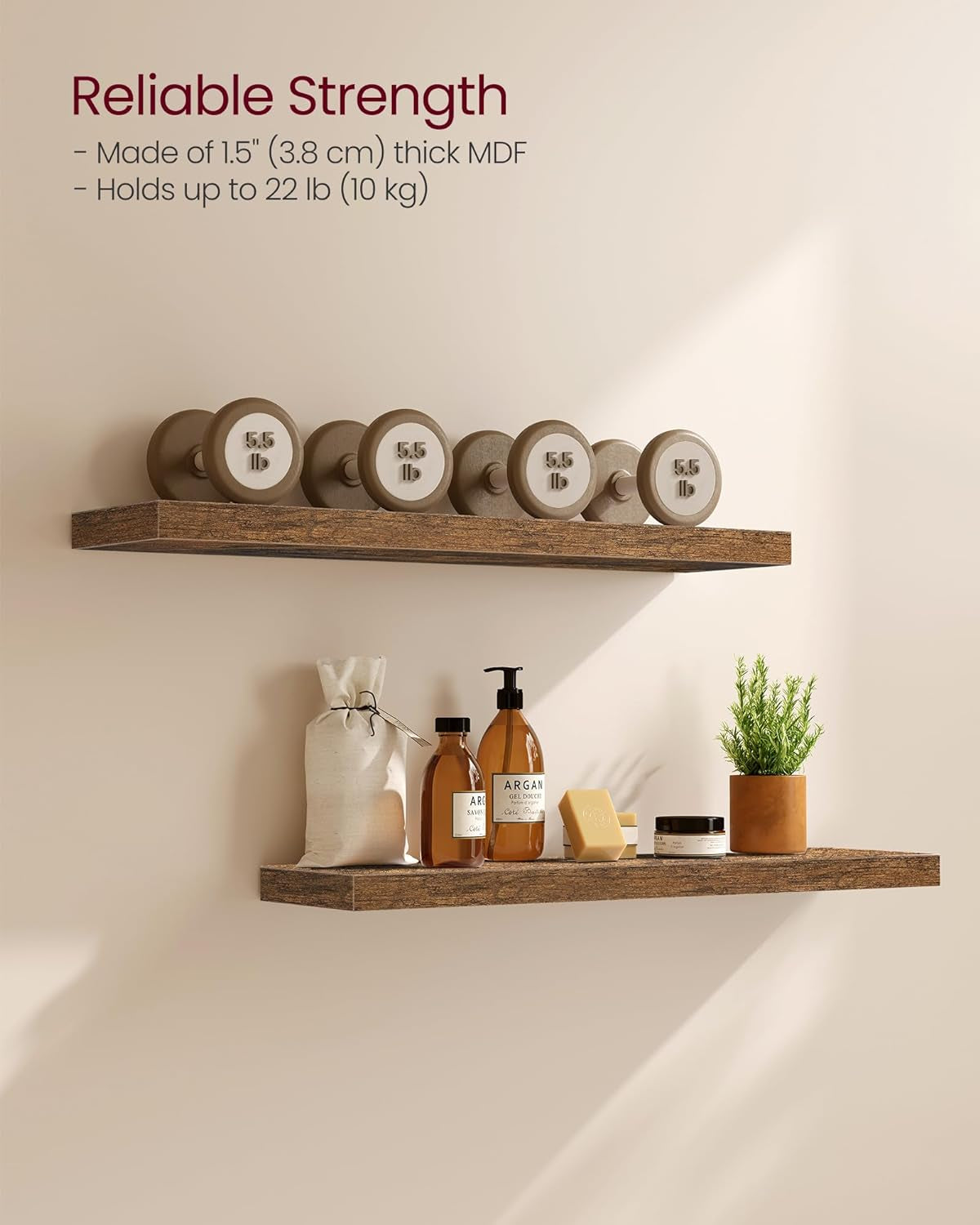 Wall Shelves Set of 2, Floating Shelves, Wall Mounted, 8 X 23.6 X 1.5 Inches, Display Shelves for Picture Frames, Wall Decor, Hanging Shelf for Living Room, Kitchen, Rustic Brown ULWS056B01