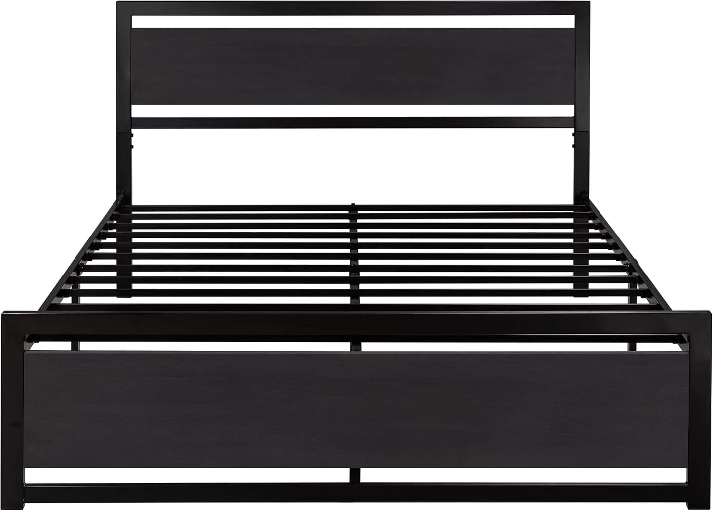 Queen Size Bed Frame with Modern Headboard, Heavy Duty Platform Metal Base with Square Footboard and 13 Strong Slats Support, No Box Spring Needed, Black