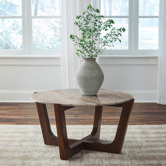 Tanidore Casual Solid Mango Wood Coffee Table with Marble Top, Dark Brown & Beige