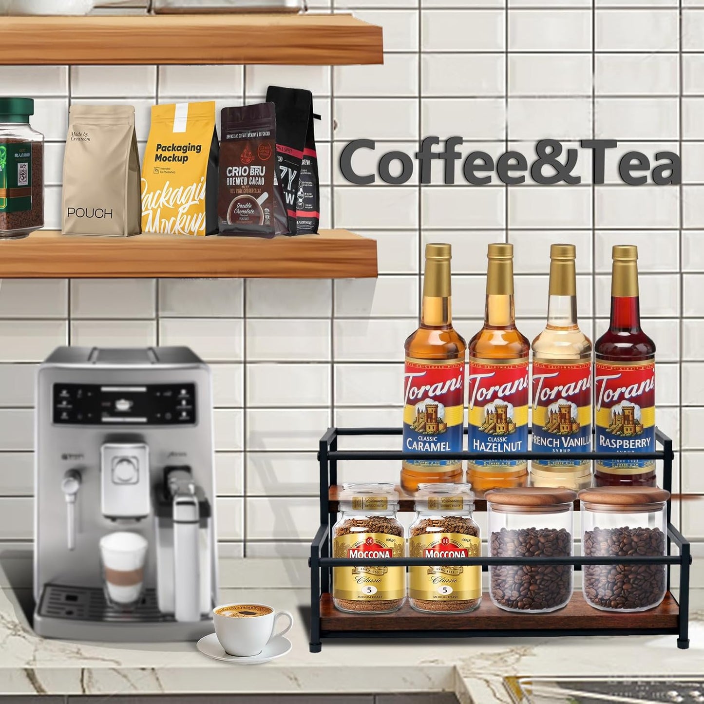 Coffee Syrup Rack Organizer - 2-Tier 10 Syrup Bottles Holder for Coffee Bar, Liquor Bottle Display Shelf - Rustic Kitchen Cabinet for Spices, Jars - Stepped Pantry Shelf for Syrup, Wine, Tea & Coffee