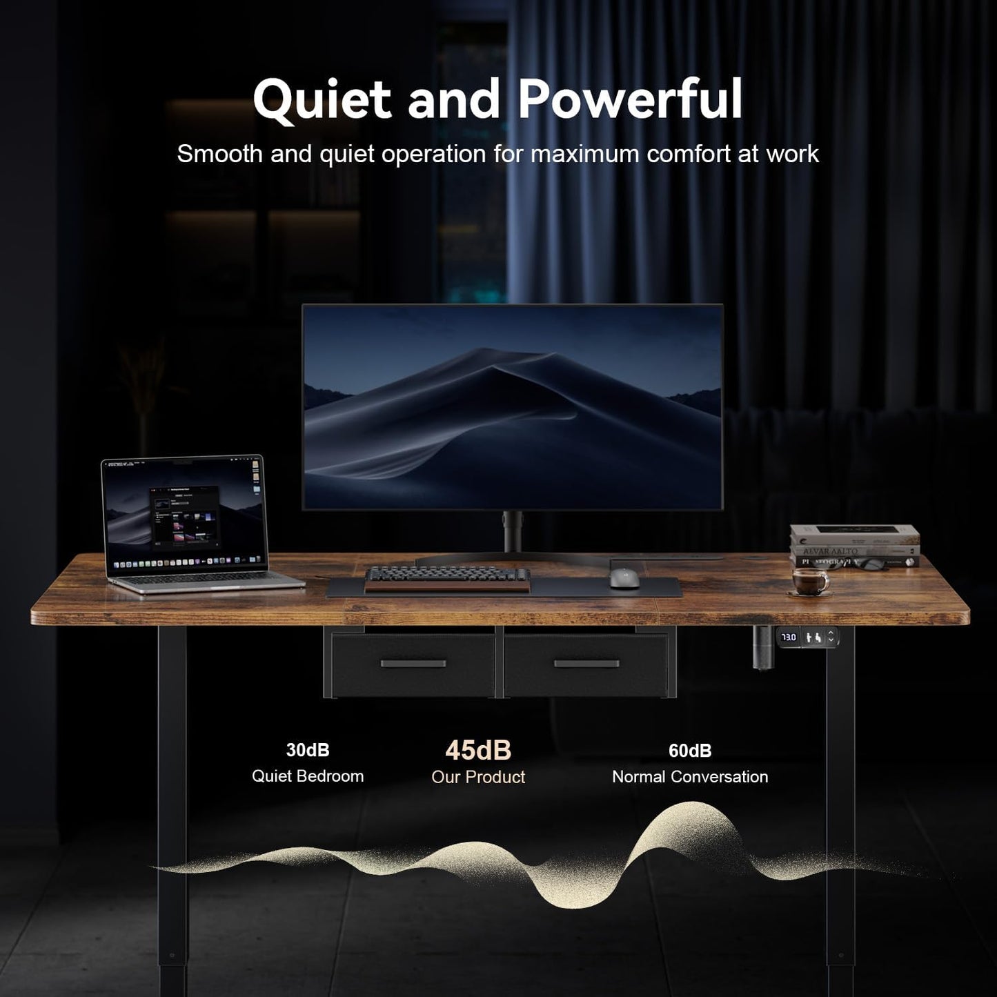 Rustic brown extra large electric standing desk with outlets and drawers, view 8