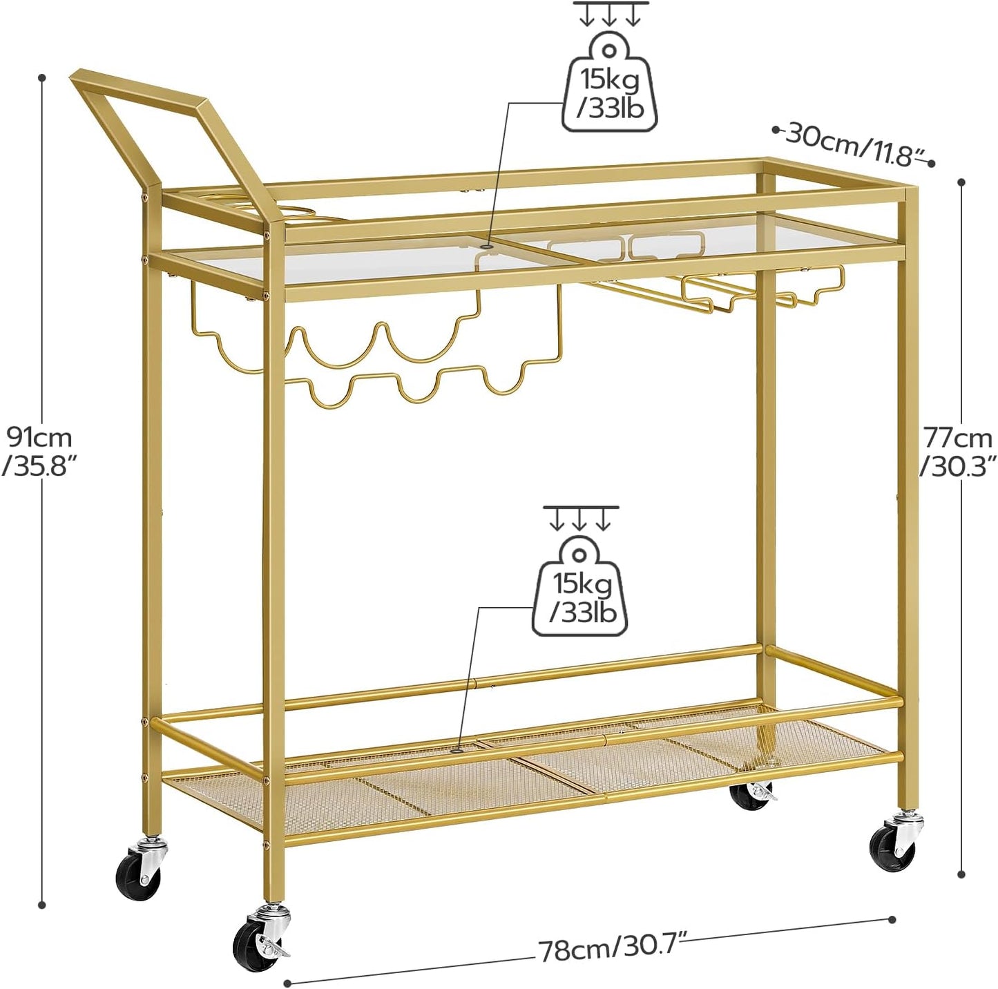Bar Cart for the Home, 2-Tier Kitchen Cart with Wine Rack and Glass Holder, Serving Cart with Wheels and Guard Rails for Dining Room, Living Room, Party, Bar, Gold GD11TC01