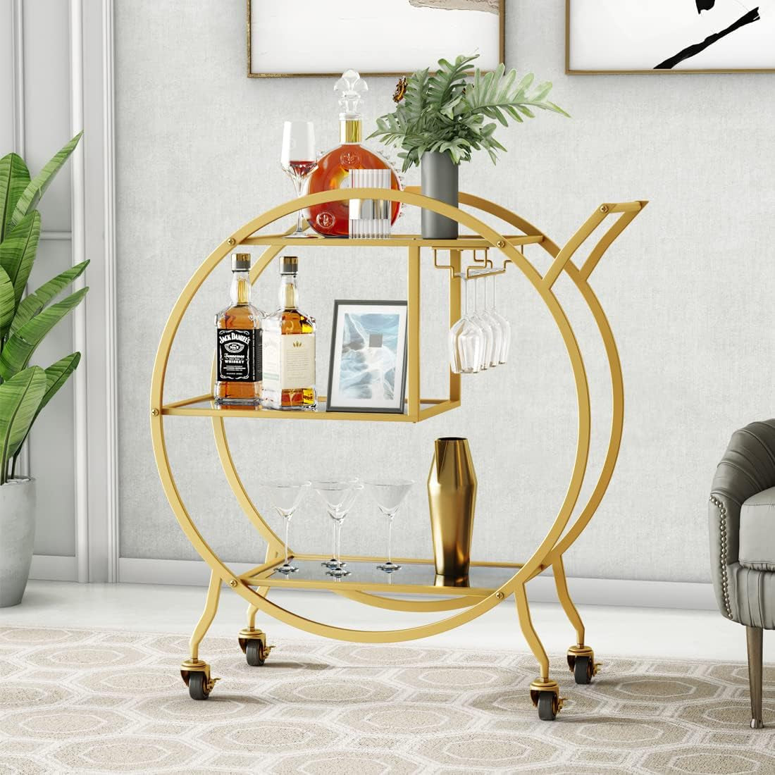 Bar Cart, Upgraded 3 Tier Gold Bar Serving Cart with Glass Holder and Wheels, Metal Handle round Bar Carts for the Home, Kitchen, Living Room