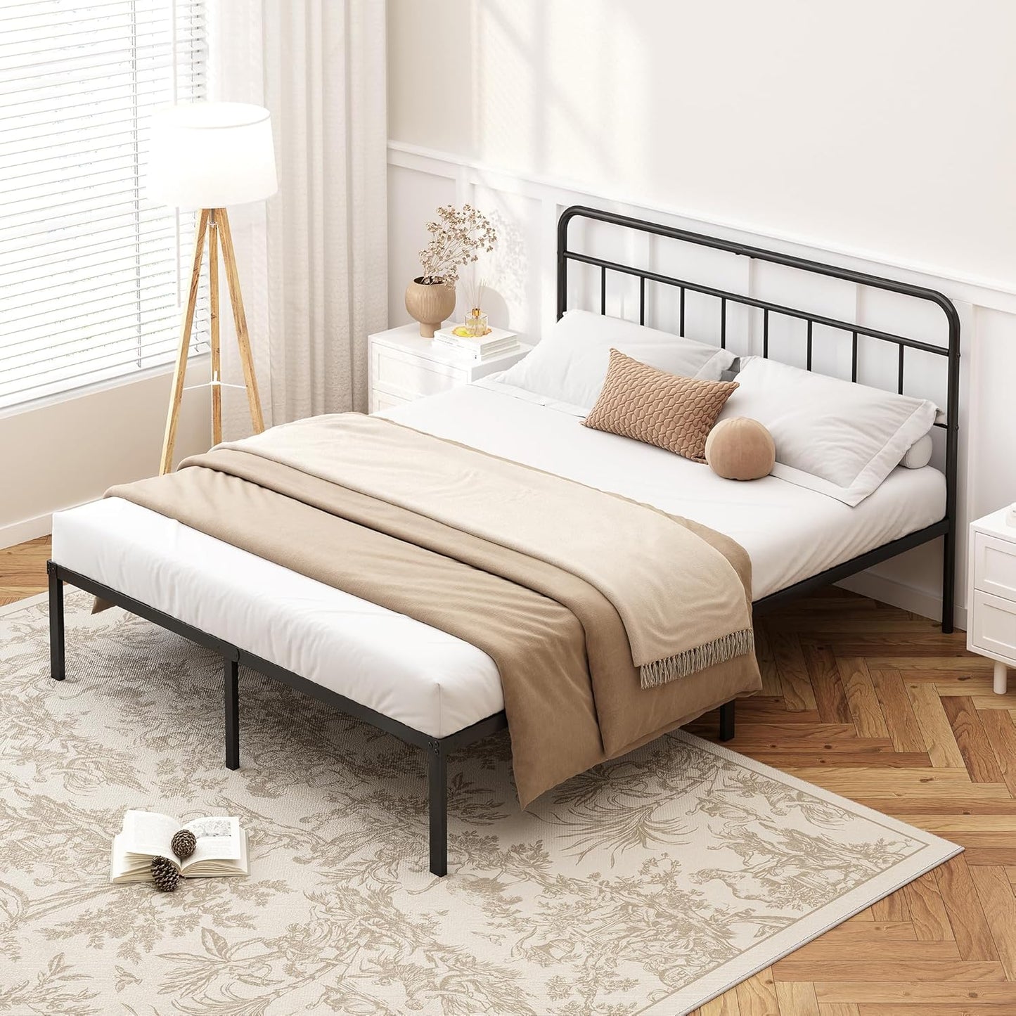 12 Inches Queen Size Bed Frame with Minimalist Headboard,Metal Platform Base with Strong Metal Slats,Mattress Foundation for under Bed Storage,Easy Assembly,Black