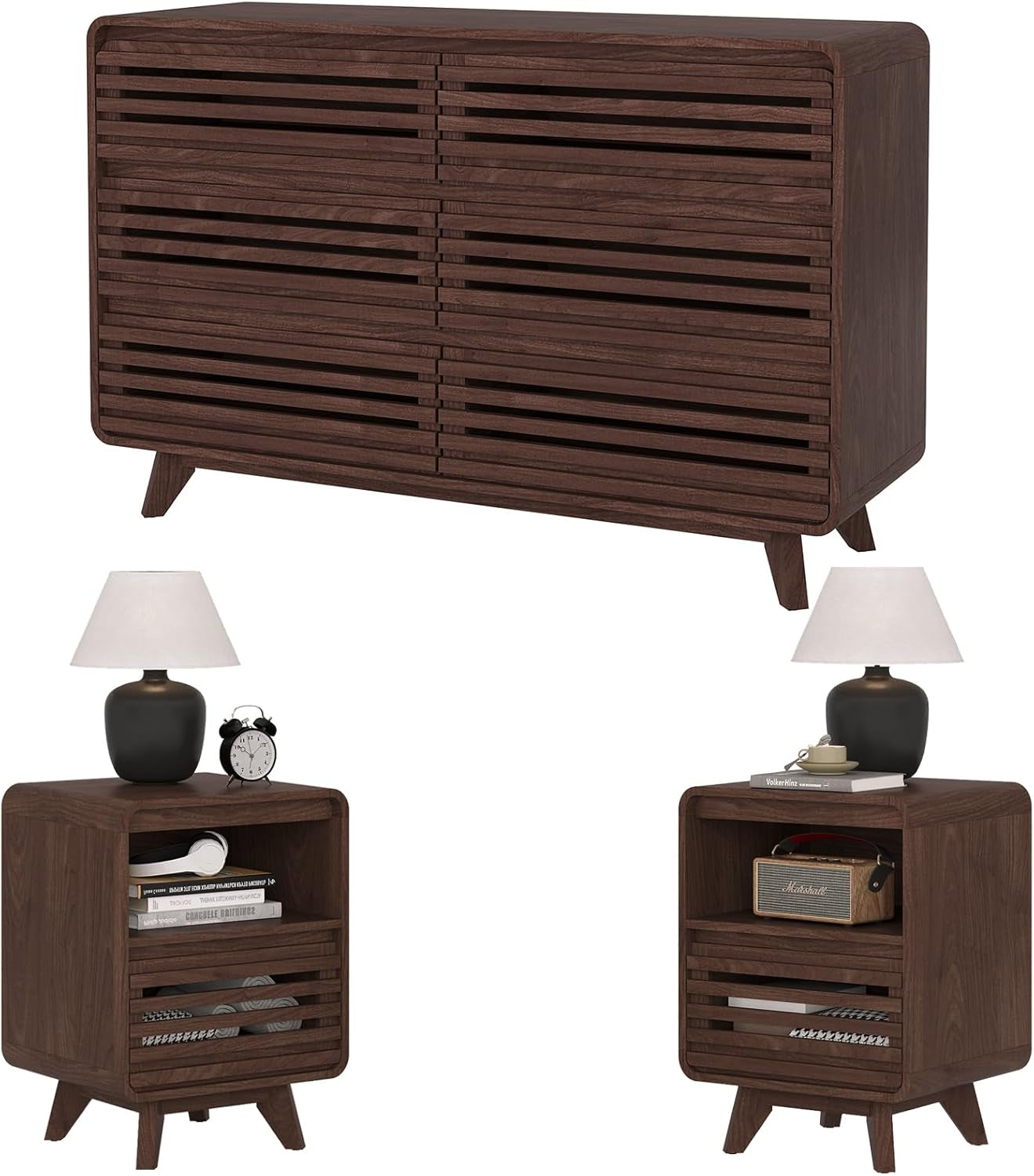 3 Piece Bedroom Set, Dresser and Nightstand Sets, Fluted 6 Drawer Dresser and Nightstand Set of 2, Wood Wide Chest of Drawers Storage Organizer Cabinet Set, Dark Walnut