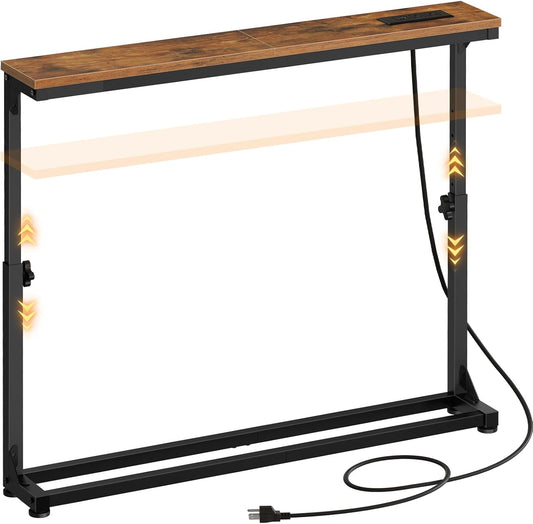 Narrow Console Table with Adjustable Height (25''-32.9''), behind Couch Table with Charging Station, 39.4" W X 5.9" D Skinny Sofa Entryway Table, for Living Room, Hallway, Greige BG95UXG01
