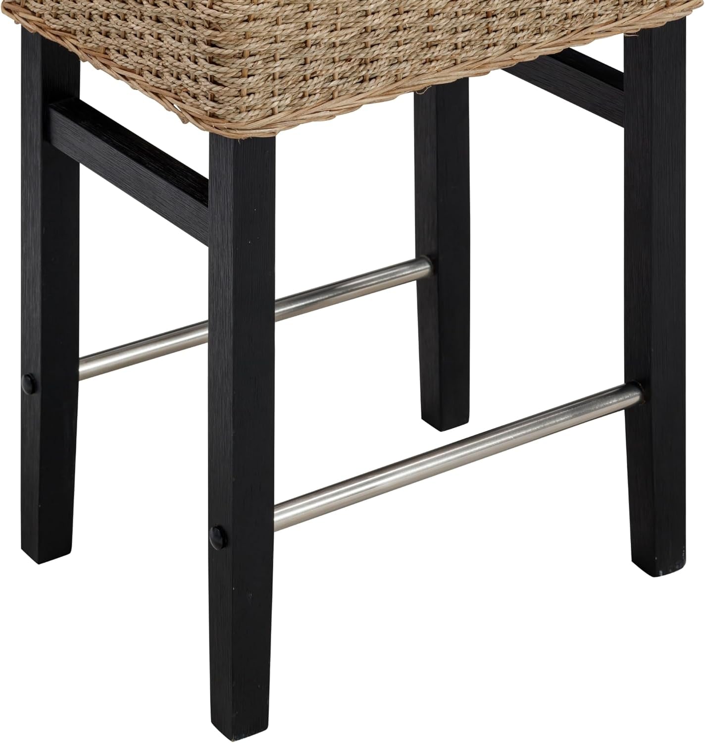 Harvey Rattan Bar Stool, Bohemian Counter Height Stool with Woven Seagrass Seat, Solid Wood Legs, and Metal Footrest Seagrass/Brushed Black