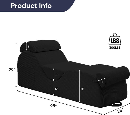 25" Wide Corduroy Yoga Chair, Yoga Lounge Chair for Adults, Chaise Lounge Chair Indoor/Yoga Lounger with Headrest, Waist Cushion, Movable Footrest, Side Pockets, High Density Sponge-Black