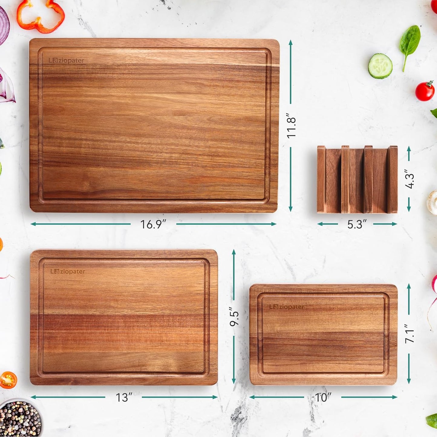 Acacia Wood Cutting Board,Solid Wood Cutting Board for Kitchen with Holder with Deep Juice Grooves & Built-In Handles, Durable Wooden Chopping Board Set of 3 for Meat, Vegetables and Fruits