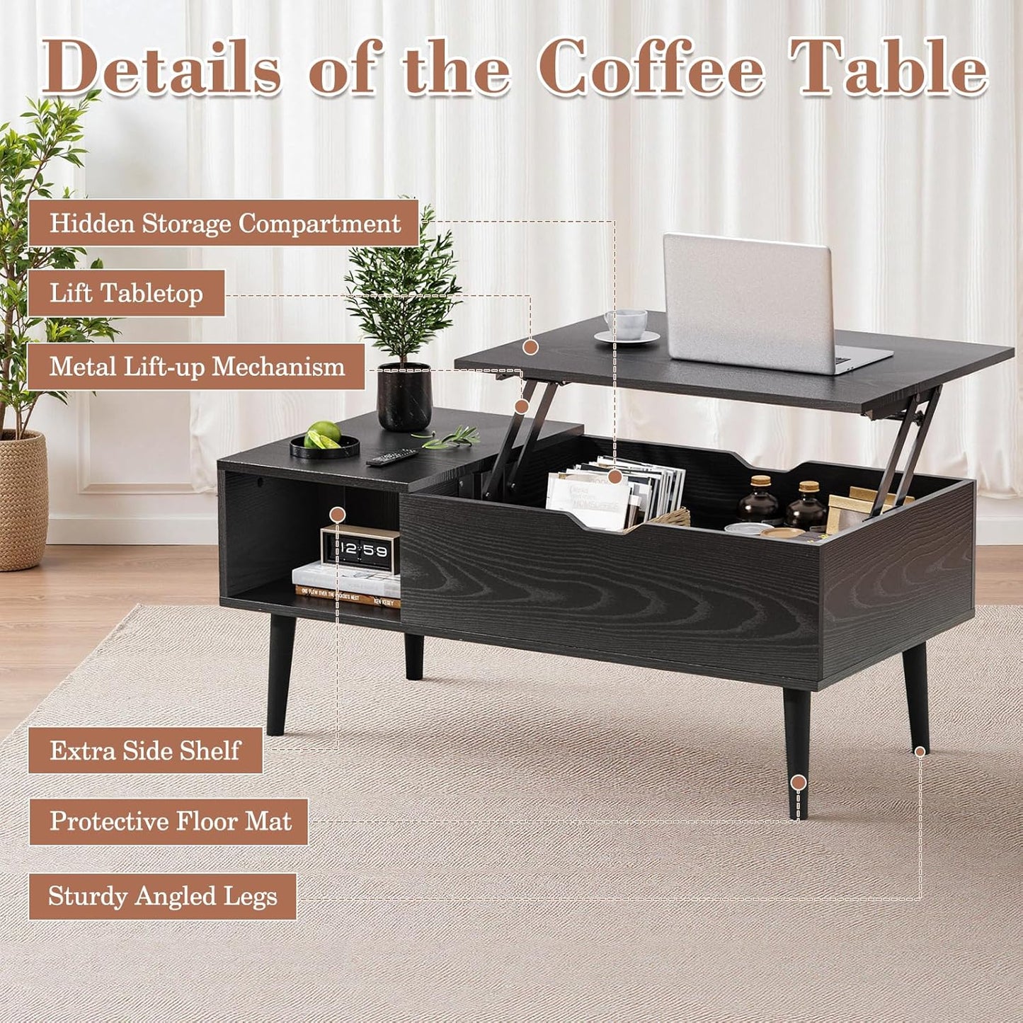 Wood Lift Top Coffee Table with Hidden Compartment and Large Storage Shelf, Lift Tabletop Dining Center Table for Home Living Room Office, Black