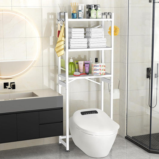 over the Toilet Storage,3-Tier,Bathroom Toilet Organizer,Multifunctional Space Saver Freestanding Bathroom Shelves with 4 Hooks,White