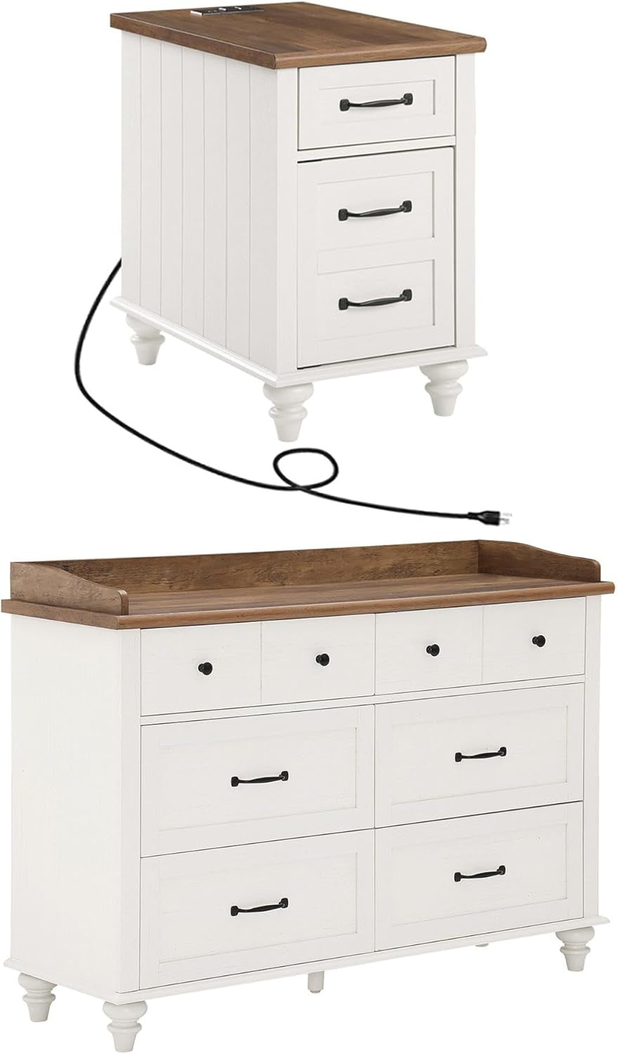 2 Piece Bedroom Set - Includes Mid Century 6 Drawer Dresser, Side Table with Charging Station & Storage Cabinet, 2 Piece Dresser and Nightstand Sets, White