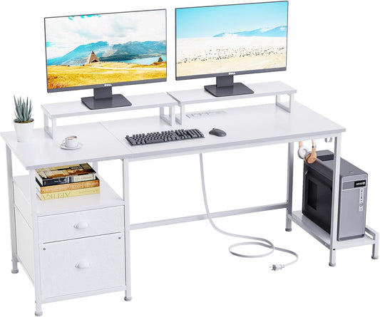 55" Computer Desk with File Cabinet and Power Outlets, Home Office Desk with 2 Monitor Stands and Storage Drawer, Writing Gaming Table with Shelves and 2 Hooks for Bedroom, White