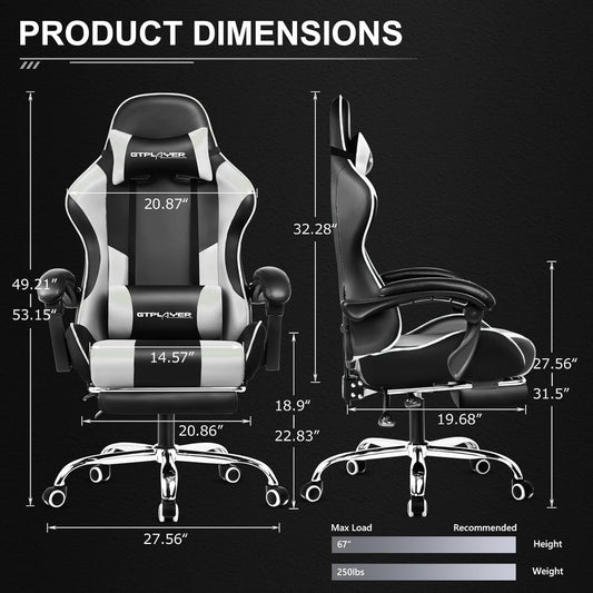 Gaming Chair, Computer Chair with Footrest and Lumbar Support, Height Adjustable Game Chair with 360°-Swivel Seat and Headrest and for Office or Gaming (Pearl White)
