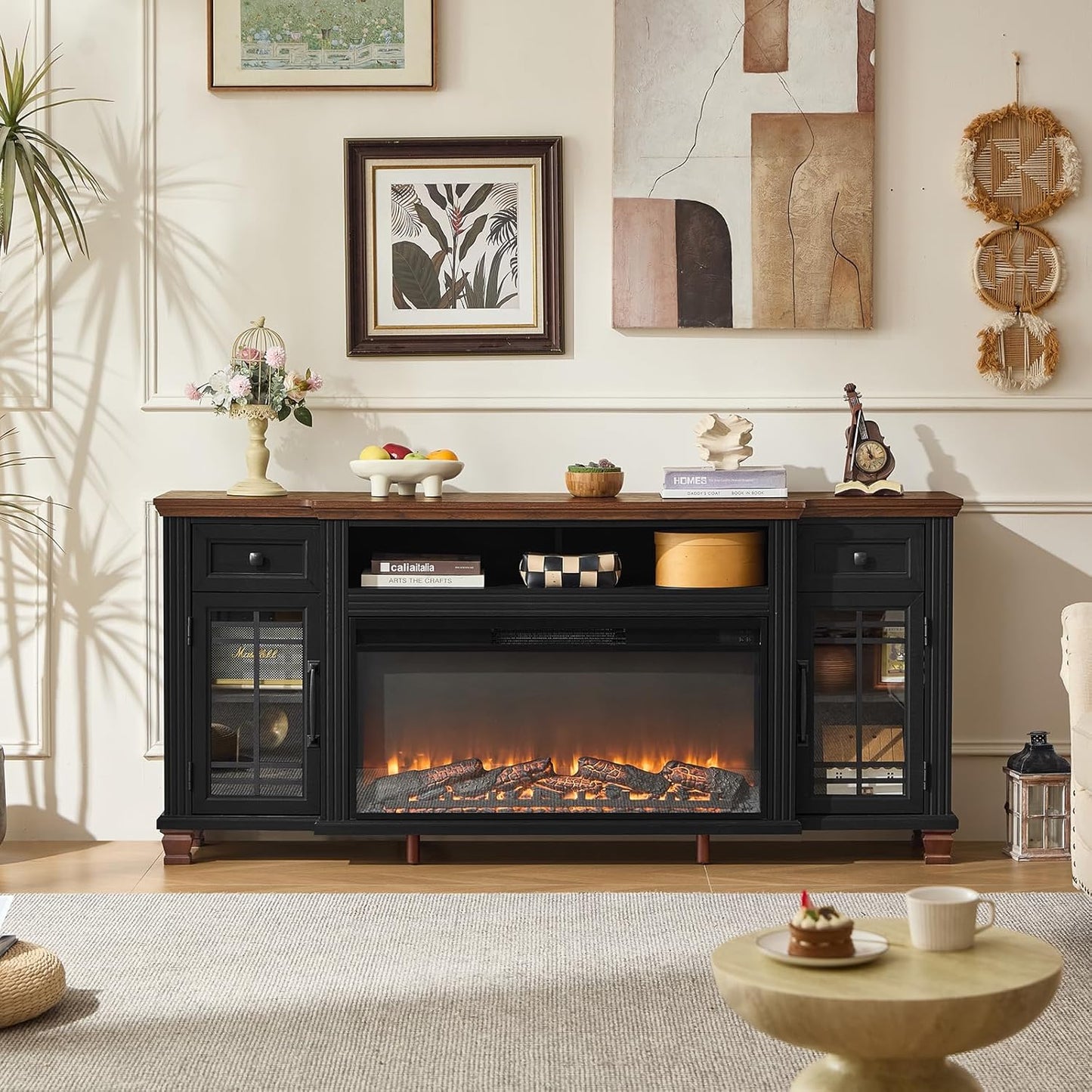 70" Fireplace TV Stand with 36”Silent Electric Fireplace, Farmhouse Entertainment Center for Tvs up to 80", 2 Drawers TV Console with Glass Door Cabinet, Black Tvs Cabinet for Living Room