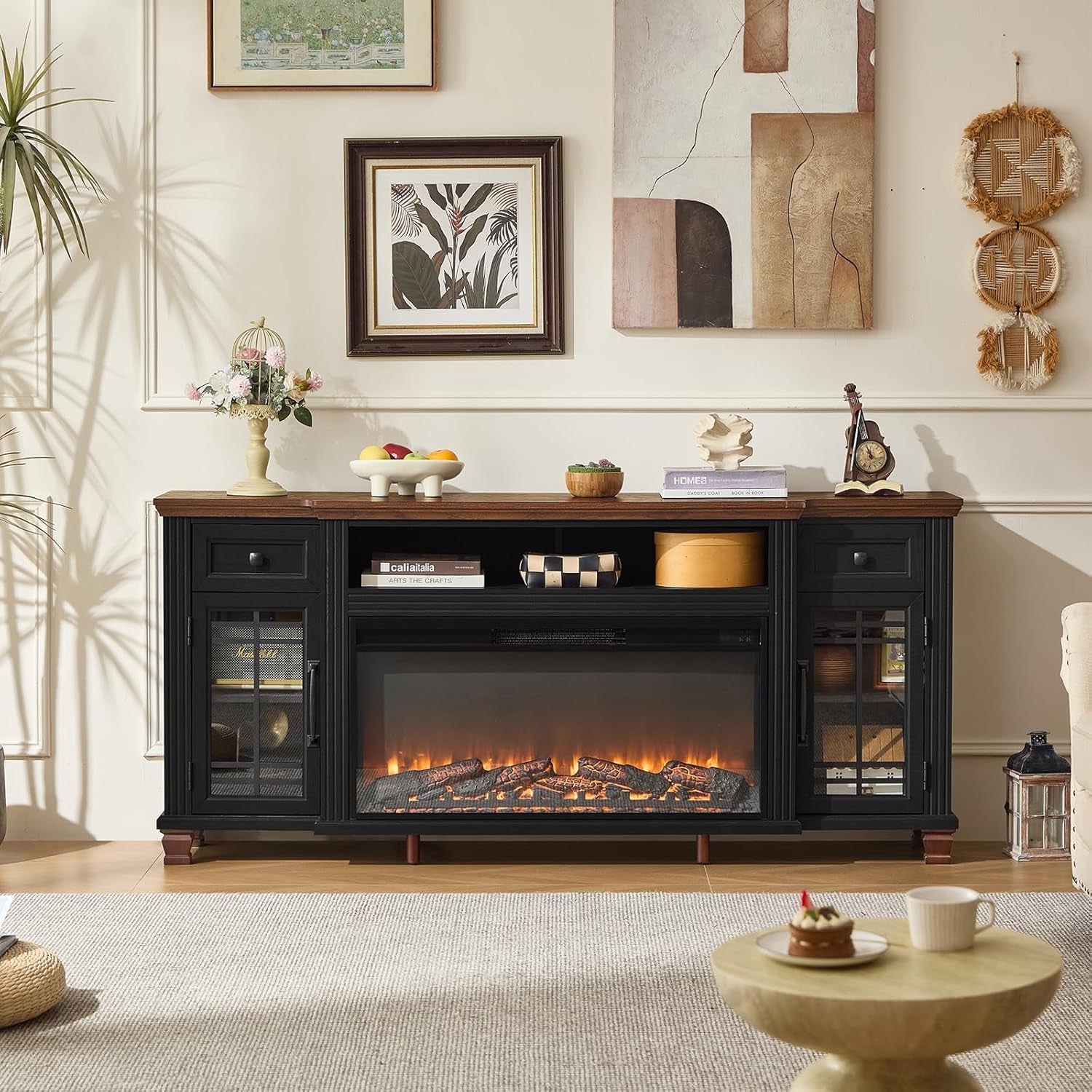 70" Fireplace TV Stand with 36”Silent Electric Fireplace, Farmhouse Entertainment Center for Tvs up to 80", 2 Drawers TV Console with Glass Door Cabinet, Black Tvs Cabinet for Living Room