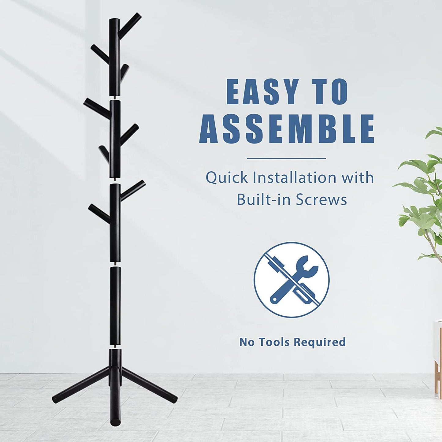 Wooden Coat Rack Stand with 8 Hooks New Zealand Pine 3 Adjustable Coat Standing Tree Easy Assembly for Coats, Hats, Scarves and Handbags for Entryway, Hallway, Bedroom, Office