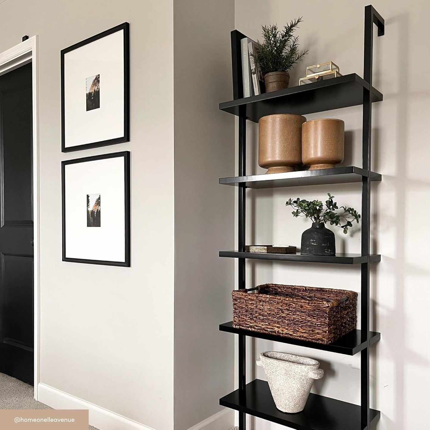 Theo 5-Shelf Black Modern Bookcase, Open Wall Mount Ladder Bookshelf with Industrial Metal Frame