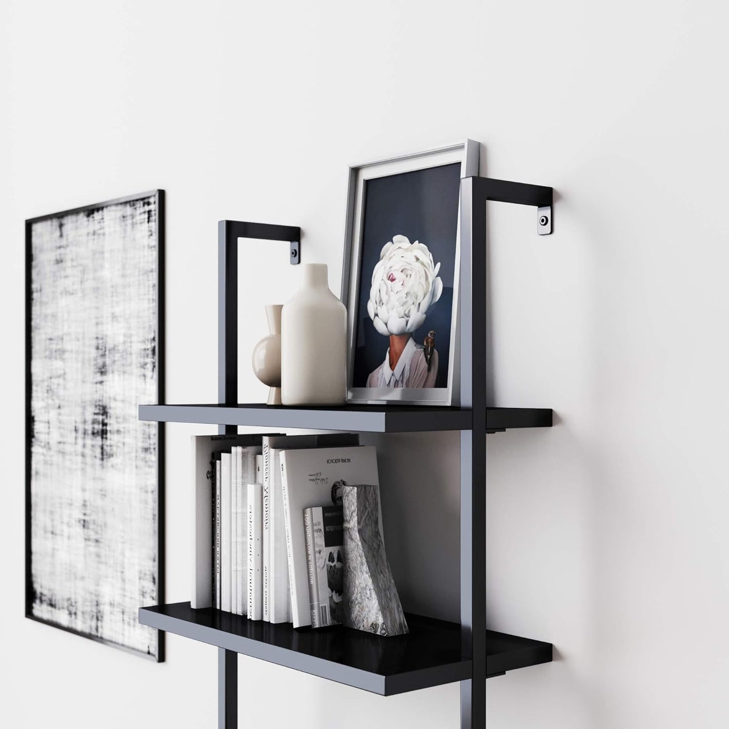 Theo 5-Shelf Black Modern Bookcase, Open Wall Mount Ladder Bookshelf with Industrial Metal Frame