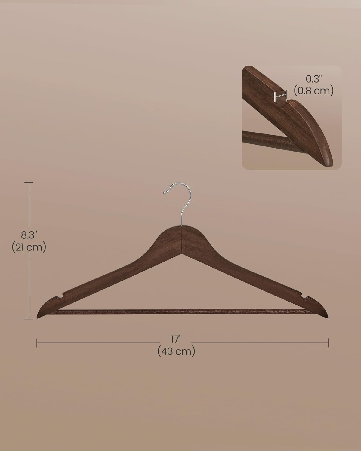 Walnut brown solid birch wood hangers with swivel hooks, pack of 30, view 7